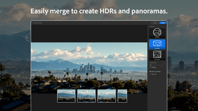 Home 2 Lightroom Mod APK interface showing HDR and panorama merge feature